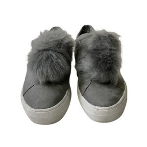 REPORT Grey Faux Fur Pom Pom Slip-On Platform Sneakers